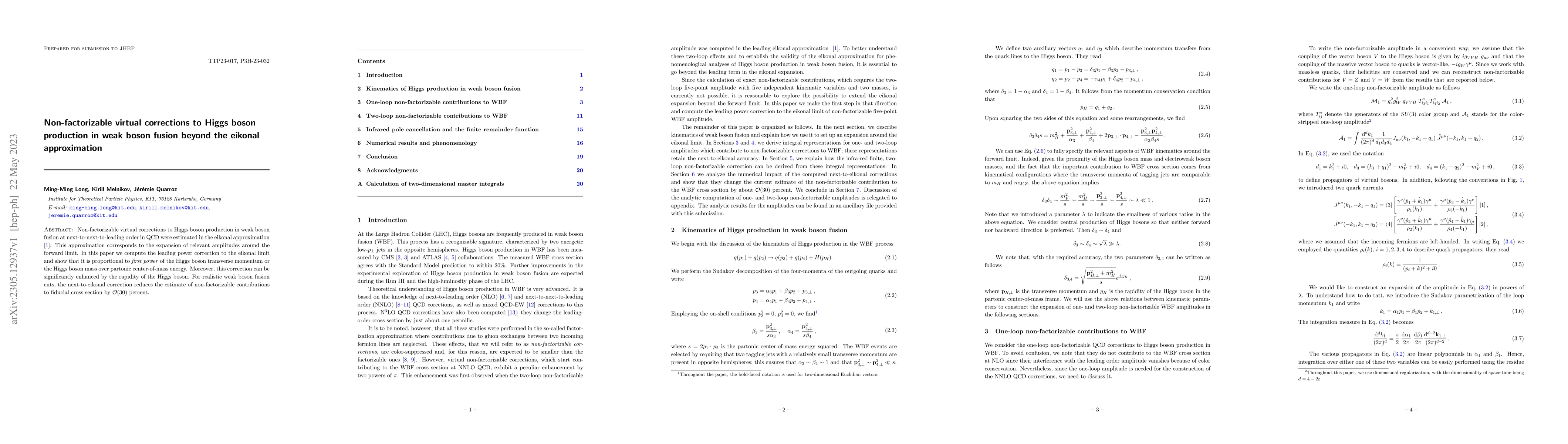 Thumbnail for Non-factorizable virtual corrections to Higgs boson production in weak
  boson fusion beyond the eikonal approximation