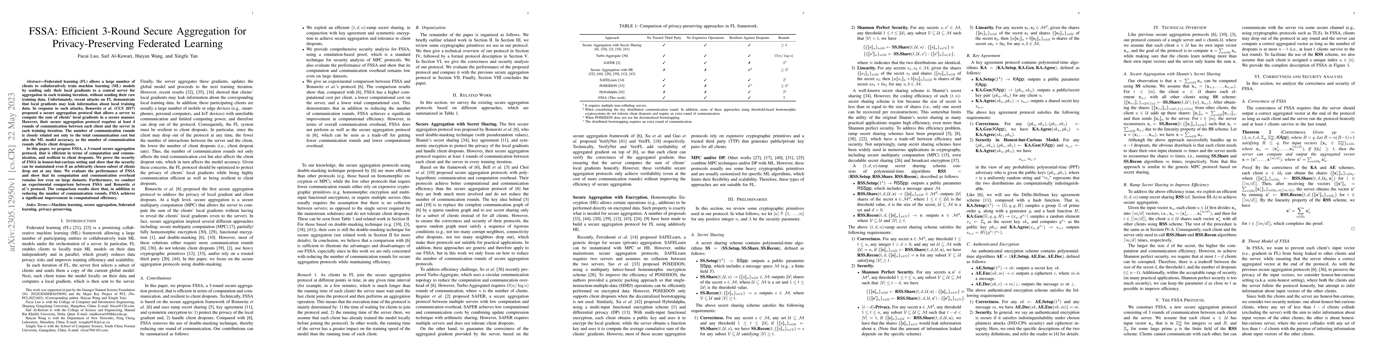 Thumbnail for FSSA: Efficient 3-Round Secure Aggregation for Privacy-Preserving
  Federated Learning