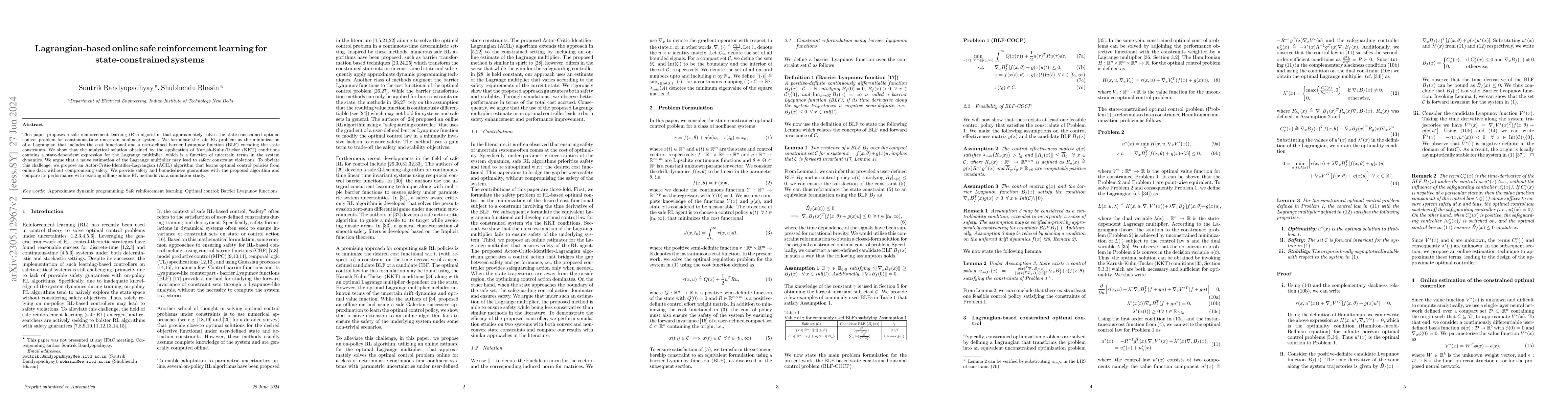 Thumbnail for Lagrangian-based online safe reinforcement learning for
  state-constrained systems