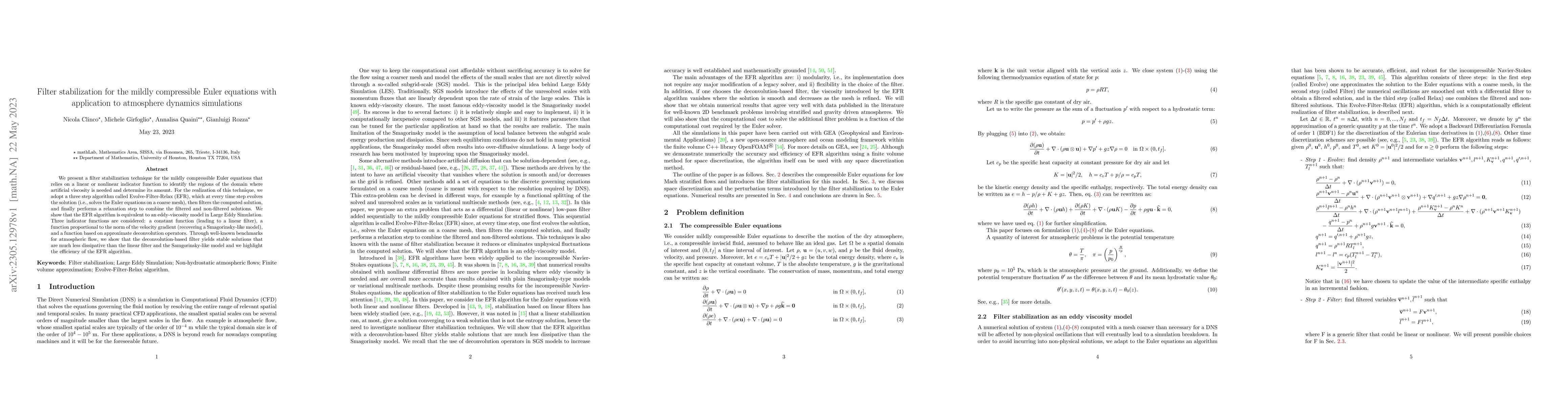 Thumbnail for Filter stabilization for the mildly compressible Euler equations with
  application to atmosphere dynamics simulations