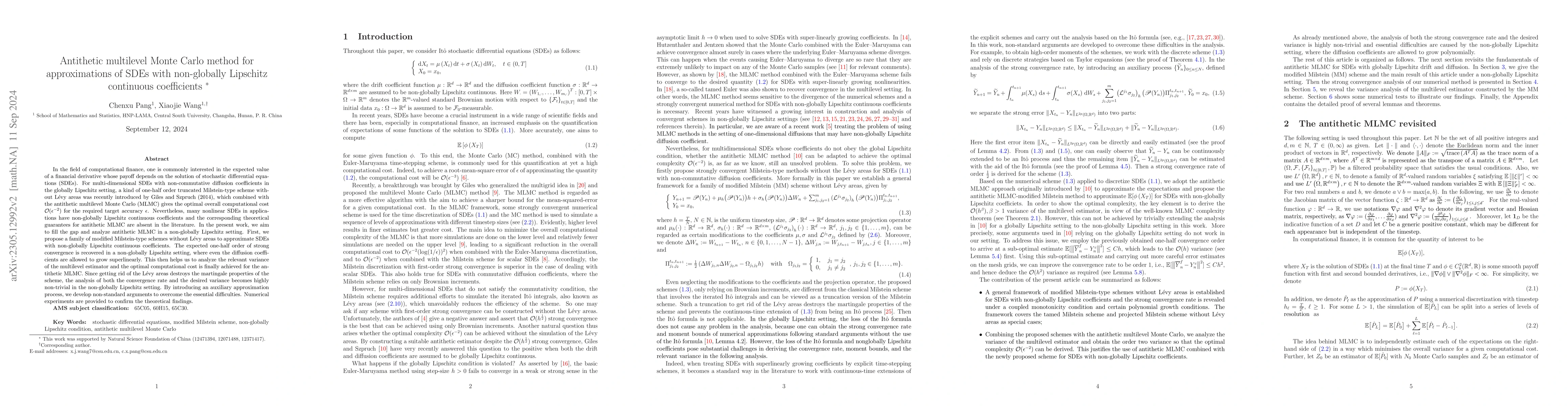 Thumbnail for Antithetic multilevel Monte Carlo method for approximations of SDEs with
  non-globally Lipschitz continuous coefficients