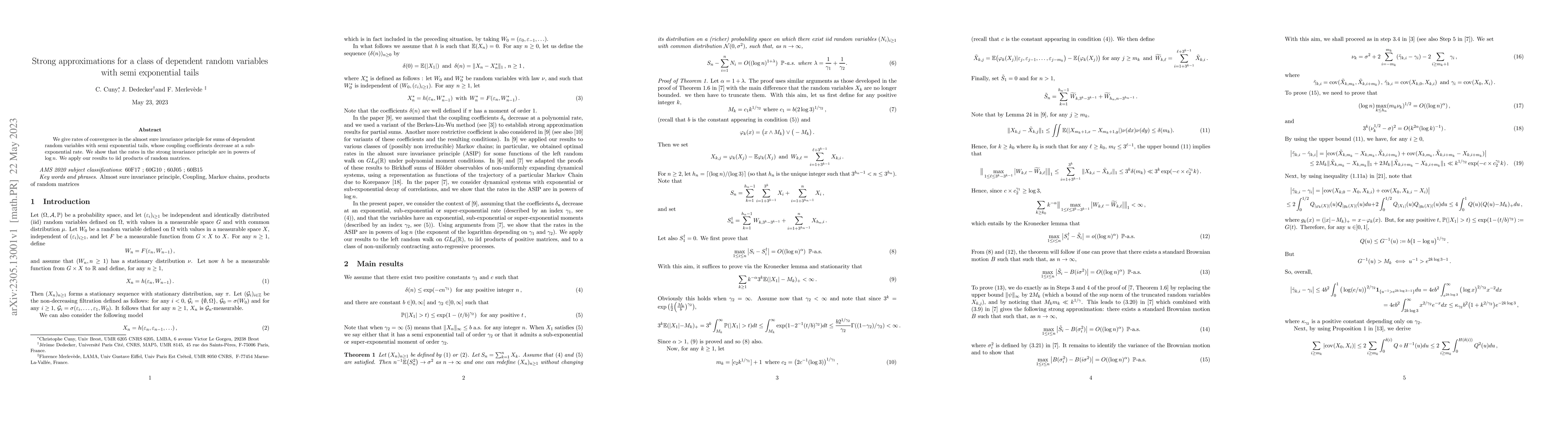 Thumbnail for Strong approximations for a class of dependent random variables with
  semi exponential tails