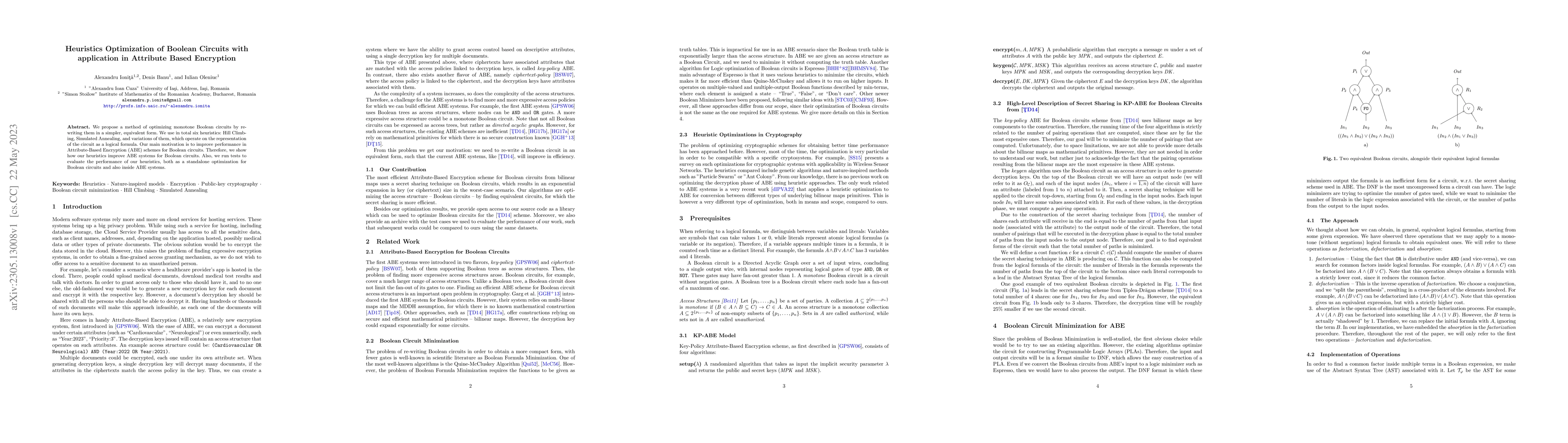 Thumbnail for Heuristics Optimization of Boolean Circuits with application in
  Attribute Based Encryption