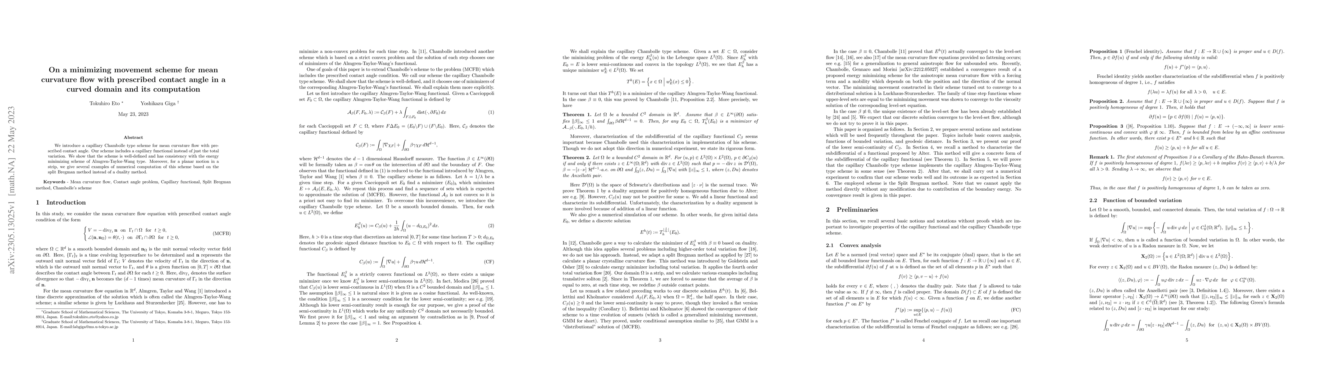 Thumbnail for On a minimizing movement scheme for mean curvature flow with prescribed
  contact angle in a curved domain and its computation