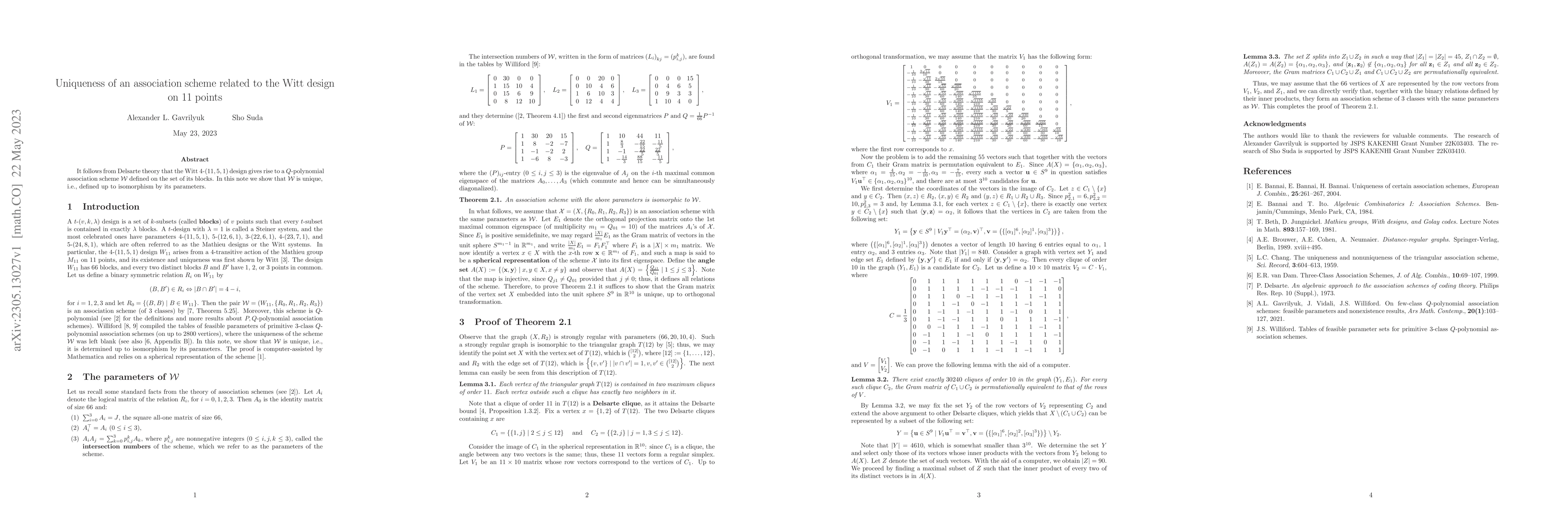 Thumbnail for Uniqueness of an association scheme related to the Witt design on 11
  points