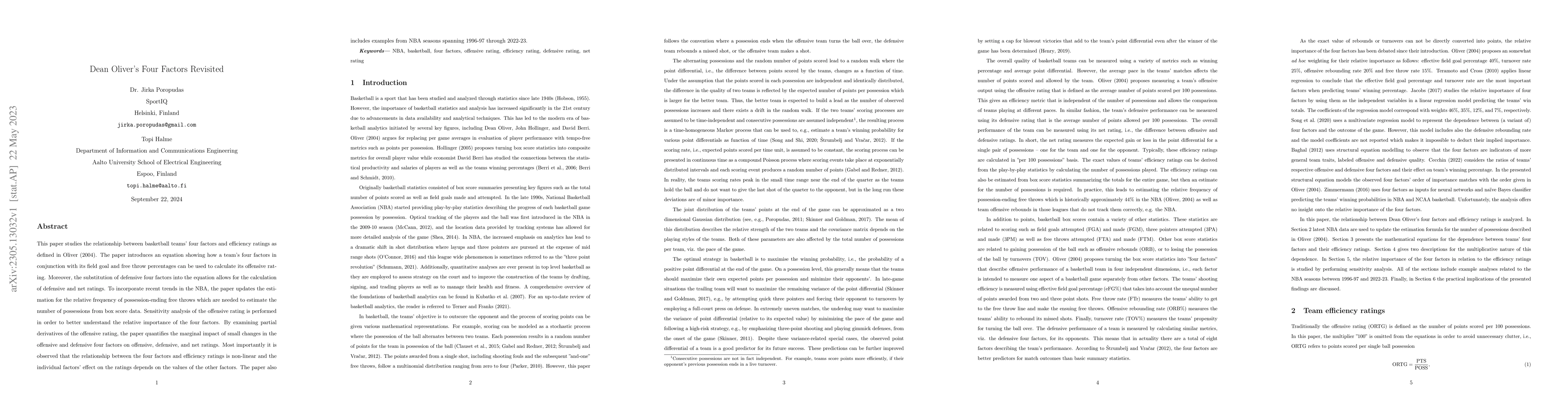 Thumbnail for Dean Oliver's Four Factors Revisited