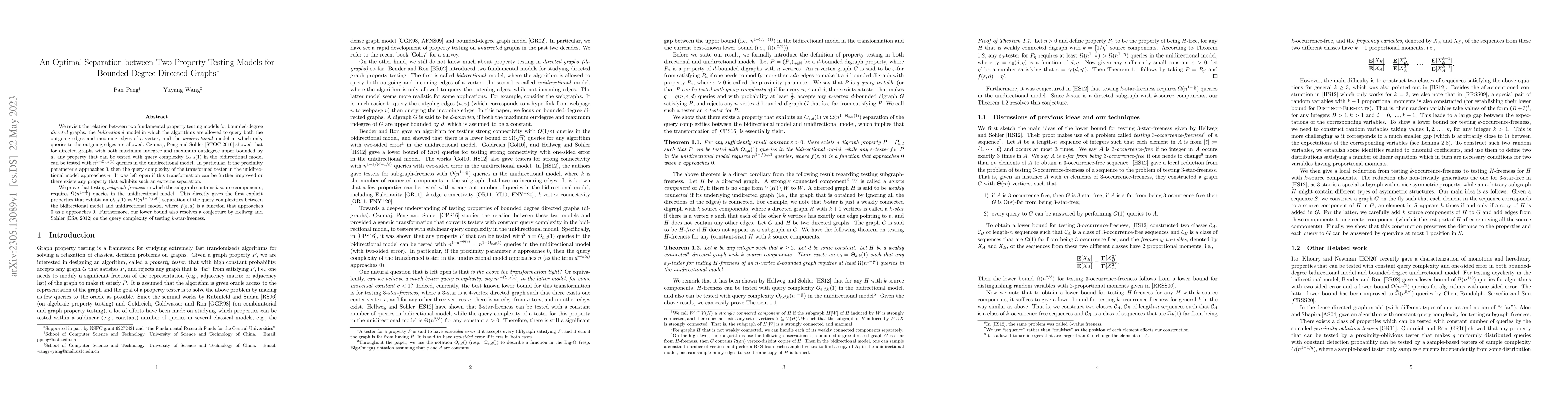 Thumbnail for An Optimal Separation between Two Property Testing Models for Bounded
  Degree Directed Graphs