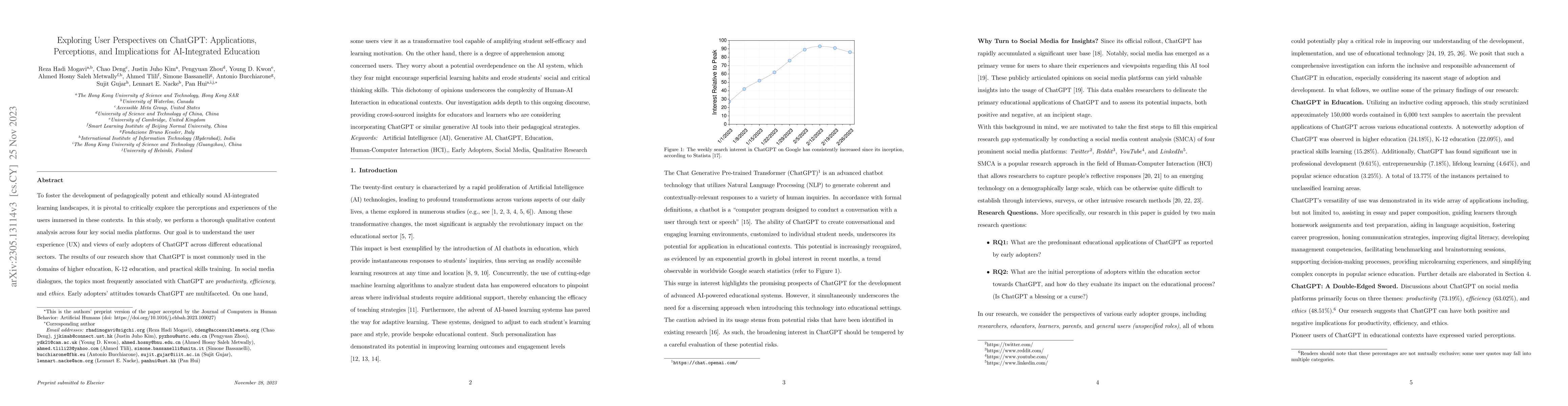 Thumbnail for Exploring User Perspectives on ChatGPT: Applications, Perceptions, and
  Implications for AI-Integrated Education