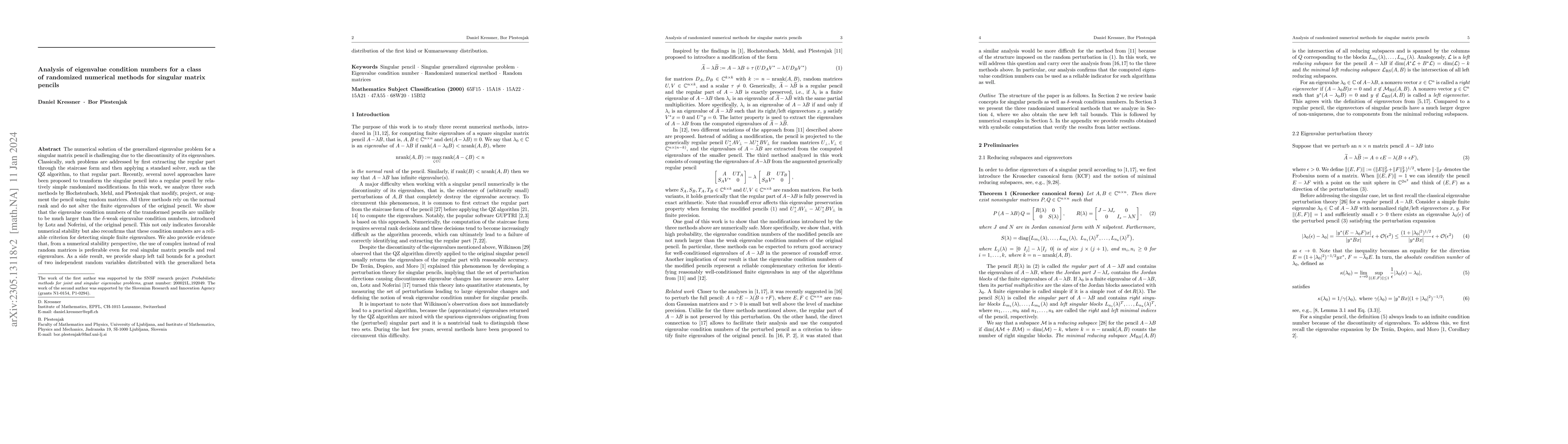 Thumbnail for Analysis of eigenvalue condition numbers for a class of randomized
  numerical methods for singular matrix pencils