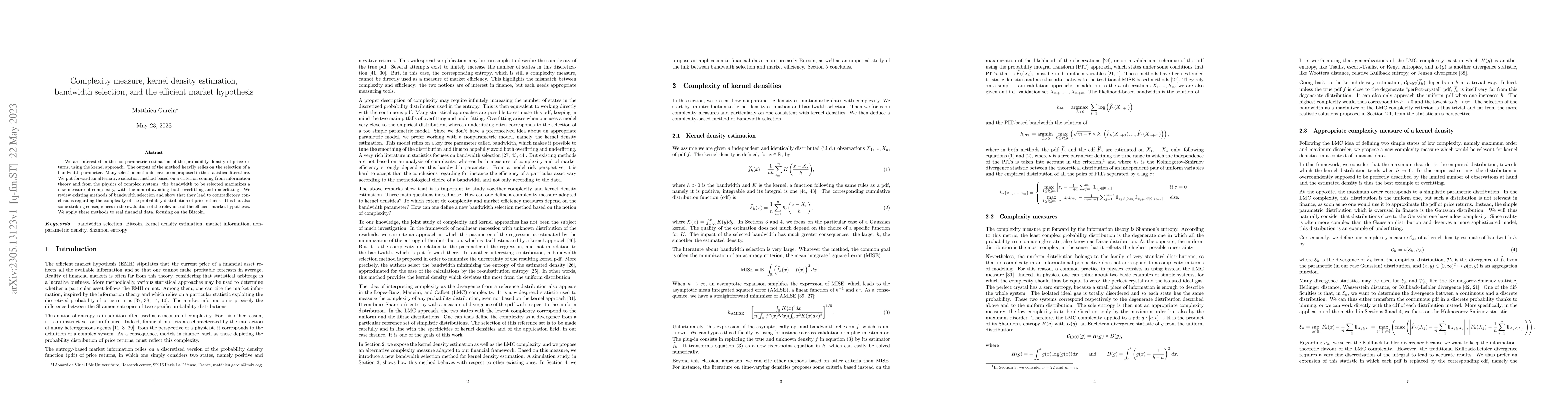 Thumbnail for Complexity measure, kernel density estimation, bandwidth selection, and
  the efficient market hypothesis