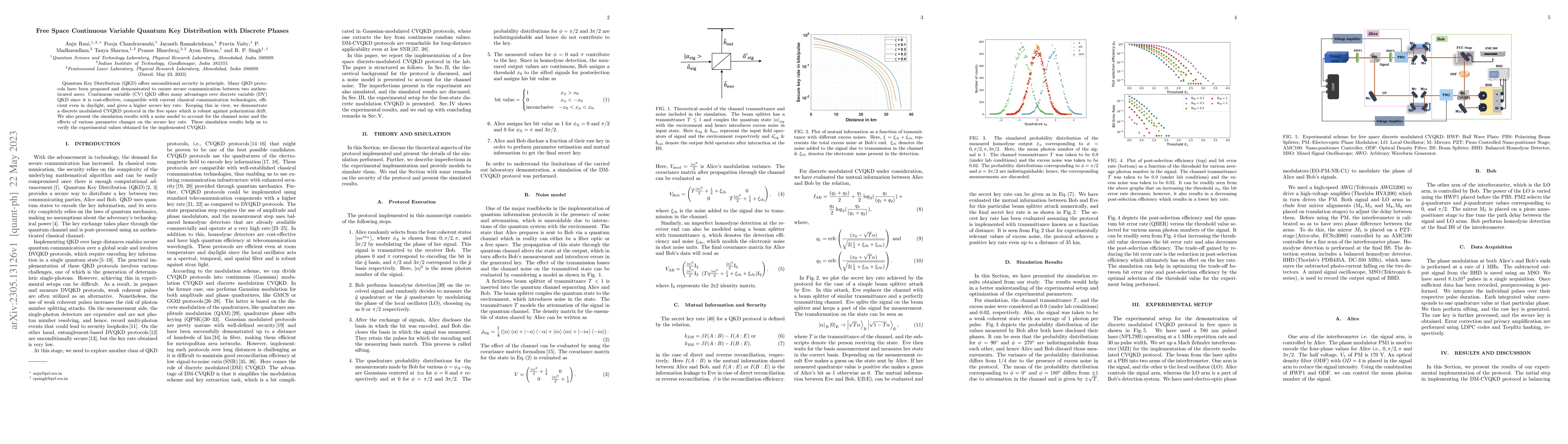 Thumbnail for Free Space Continuous Variable Quantum Key Distribution with Discrete
  Phases