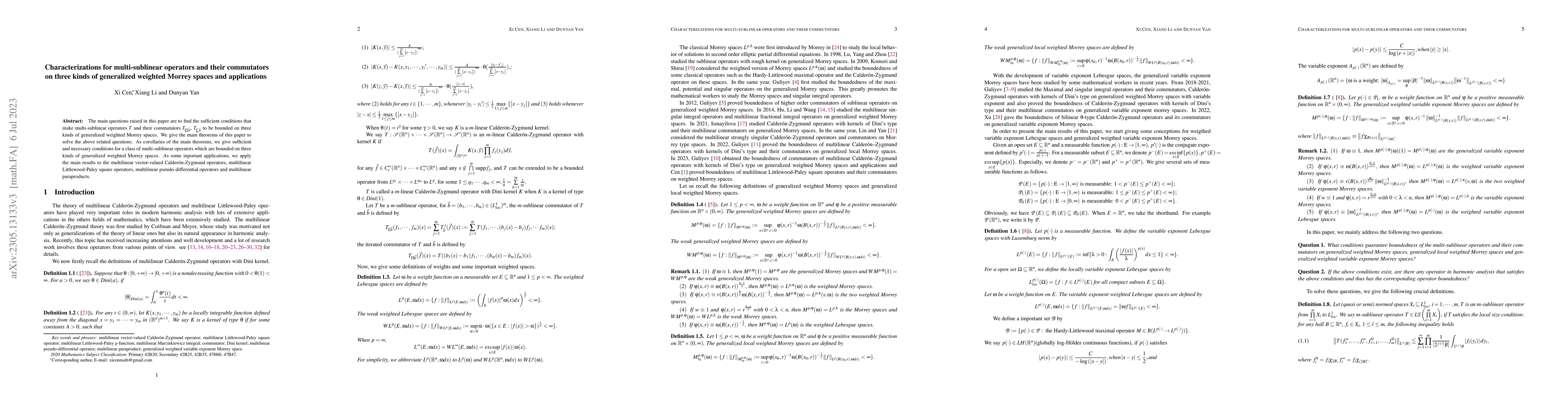 Thumbnail for Characterizations for multi-sublinear operators and their commutators on
  three kinds of generalized weighted Morrey spaces and applications