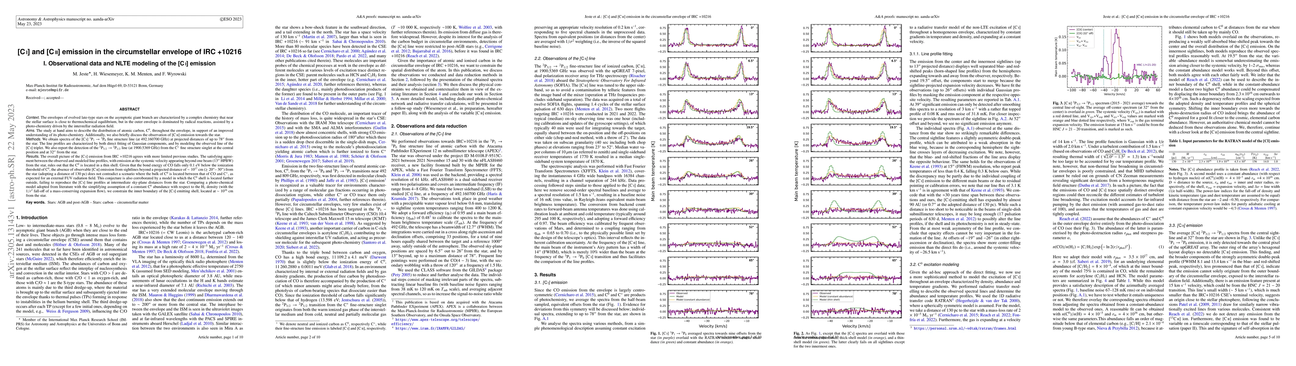Thumbnail for [C I] and [C II] emission in the circumstellar envelope of IRC +10216 I.
  Observational data and NLTE modeling of the [C I] emission