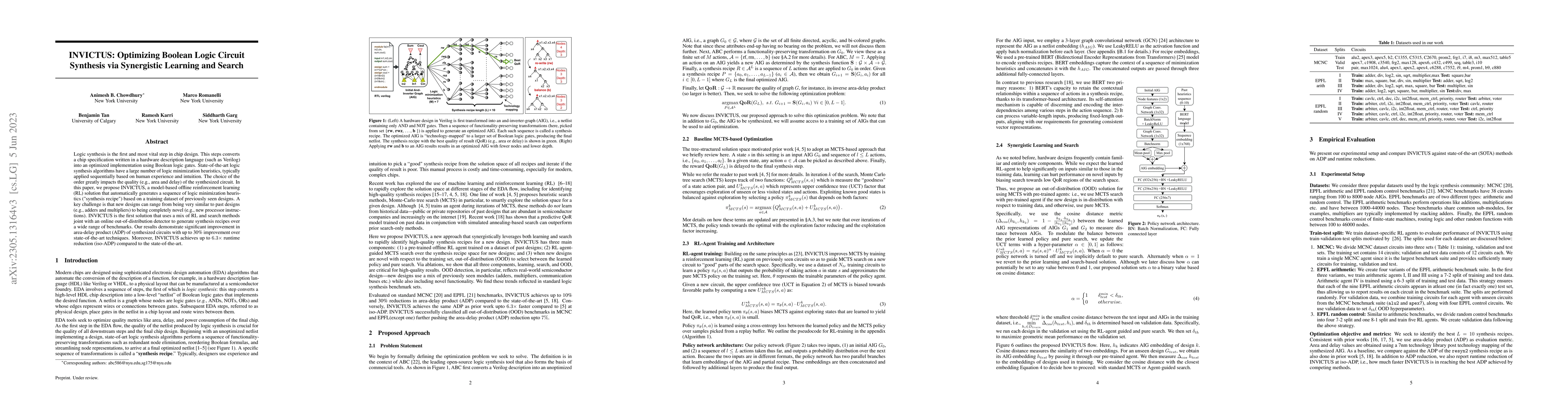 Thumbnail for INVICTUS: Optimizing Boolean Logic Circuit Synthesis via Synergistic
  Learning and Search