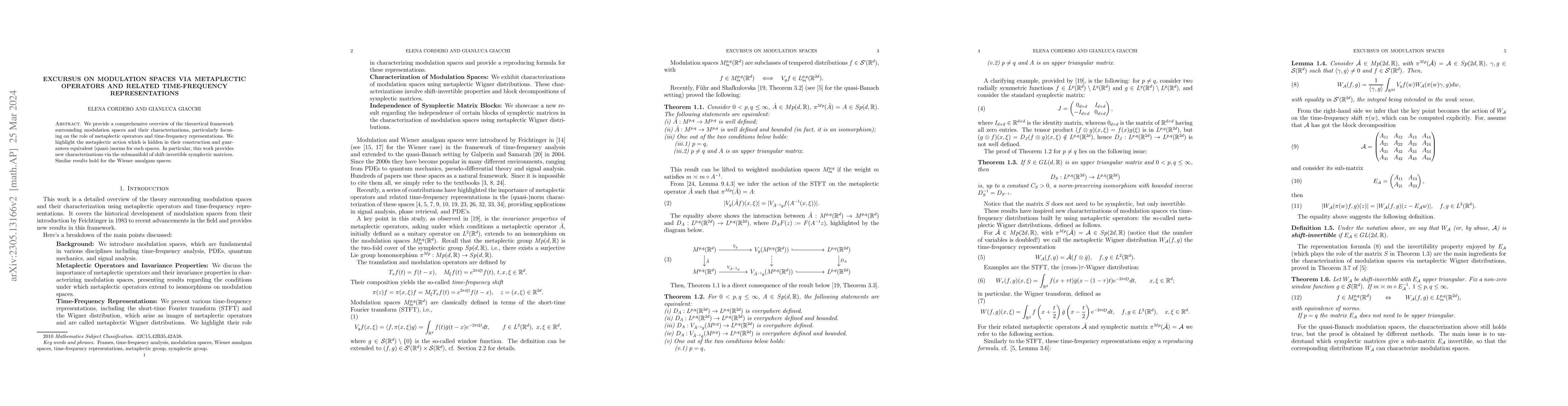 Thumbnail for Excursus on modulation spaces via metaplectic operators and related
  time-frequency representations