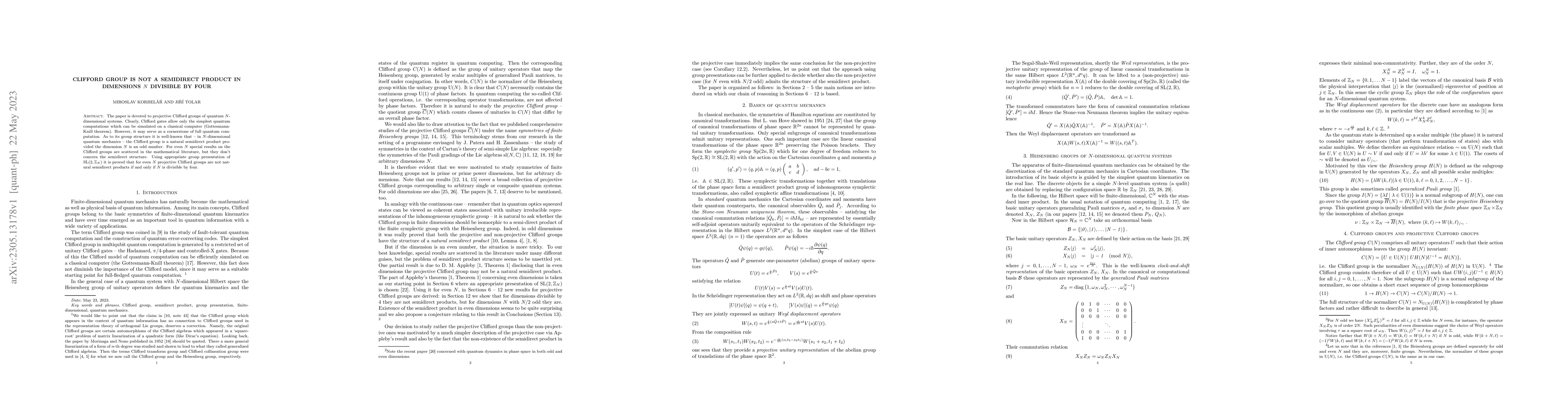 Thumbnail for Clifford group is not a semidirect product in dimensions $N$ divisible
  by four