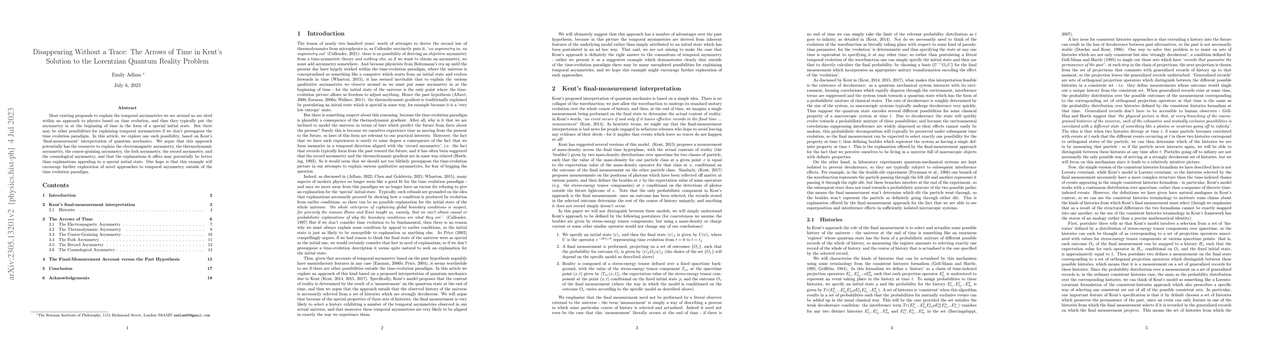 Thumbnail for Disappearing Without a Trace: The Arrows of Time in Kent's Solution to
  the Lorentzian Quantum Reality Problem