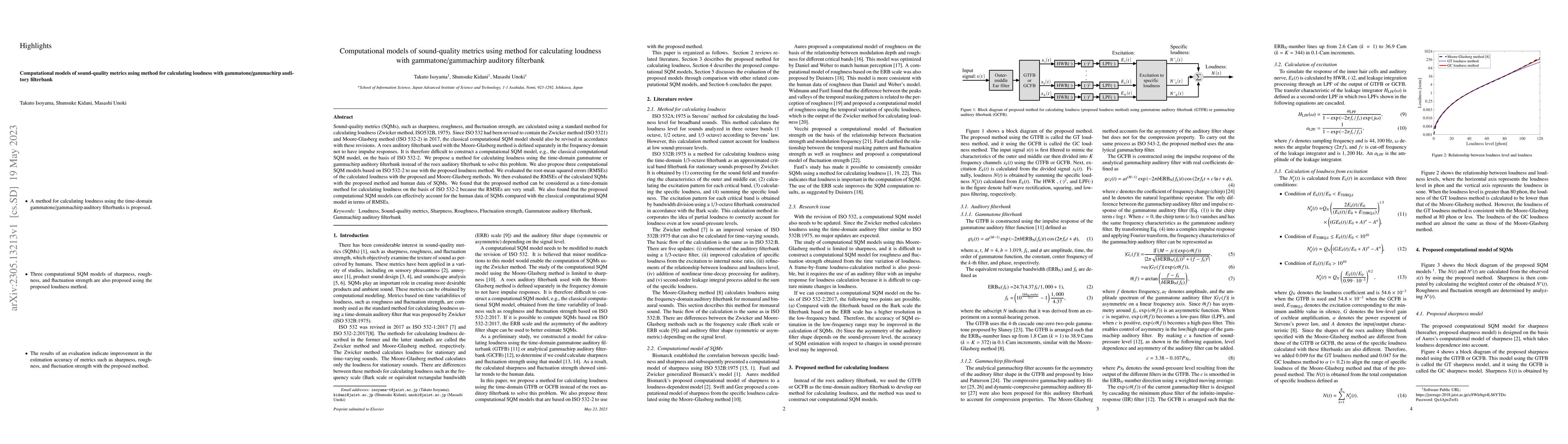 Thumbnail for Computational models of sound-quality metrics using method for
  calculating loudness with gammatone/gammachirp auditory filterbank