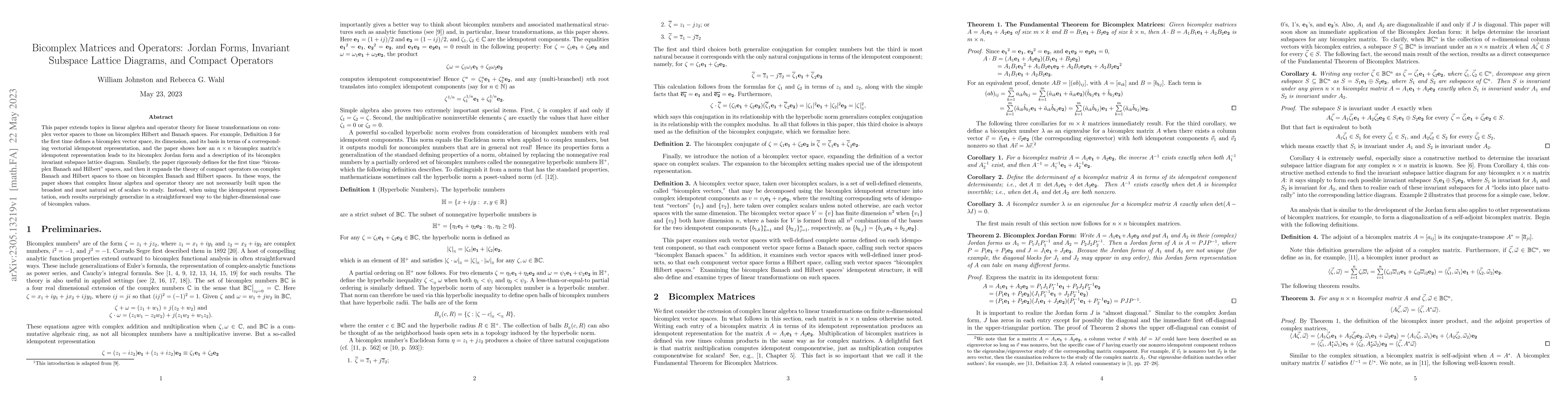 Thumbnail for Bicomplex Matrices and Operators: Jordan Forms, Invariant Subspace
  Lattice Diagrams, and Compact Operators
