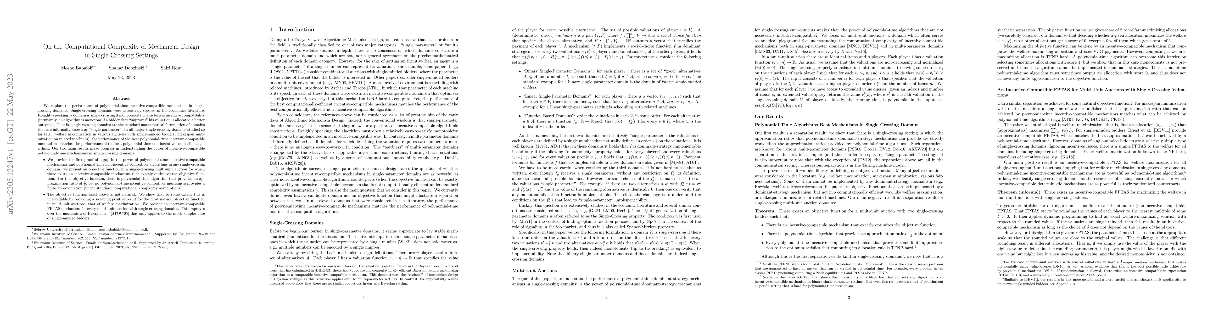 Thumbnail for On the Computational Complexity of Mechanism Design in Single-Crossing
  Settings