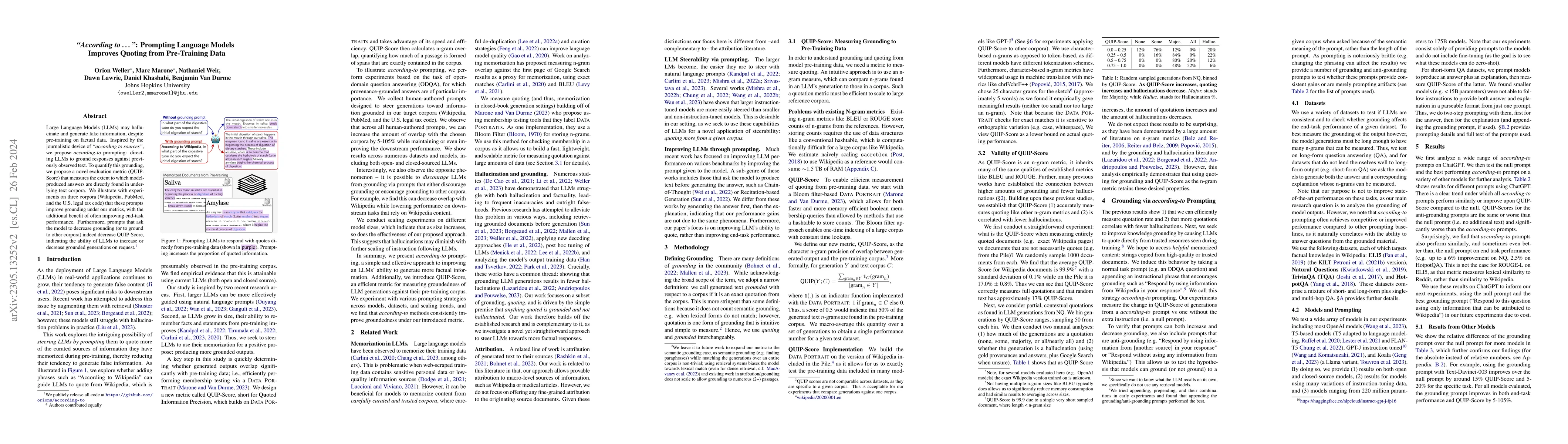 Thumbnail for "According to ...": Prompting Language Models Improves Quoting from
  Pre-Training Data