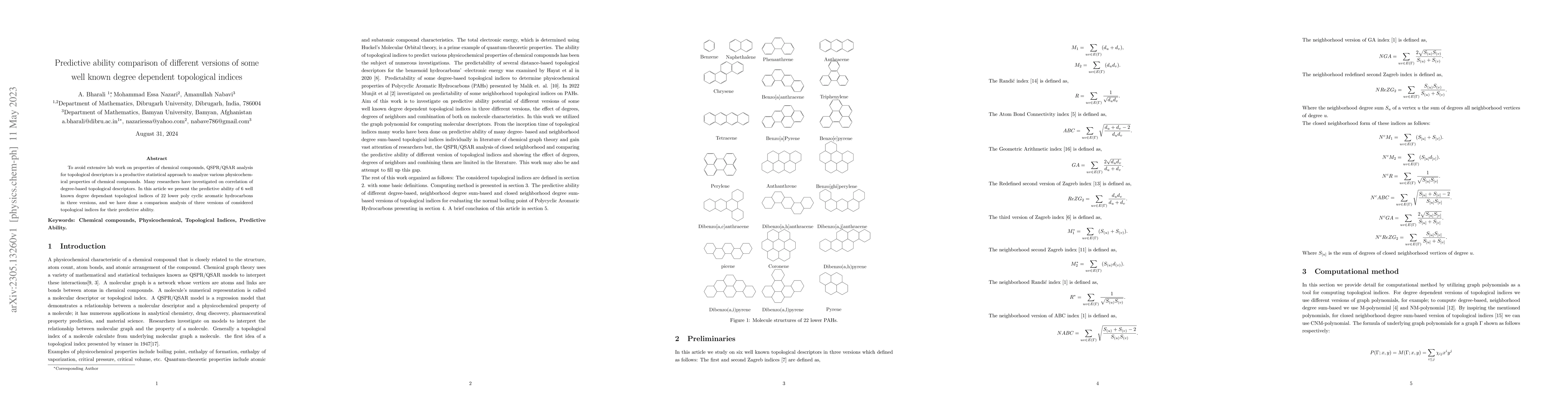 Thumbnail for Predictive ability comparison of different versions of some well known
  degree dependent topological indices