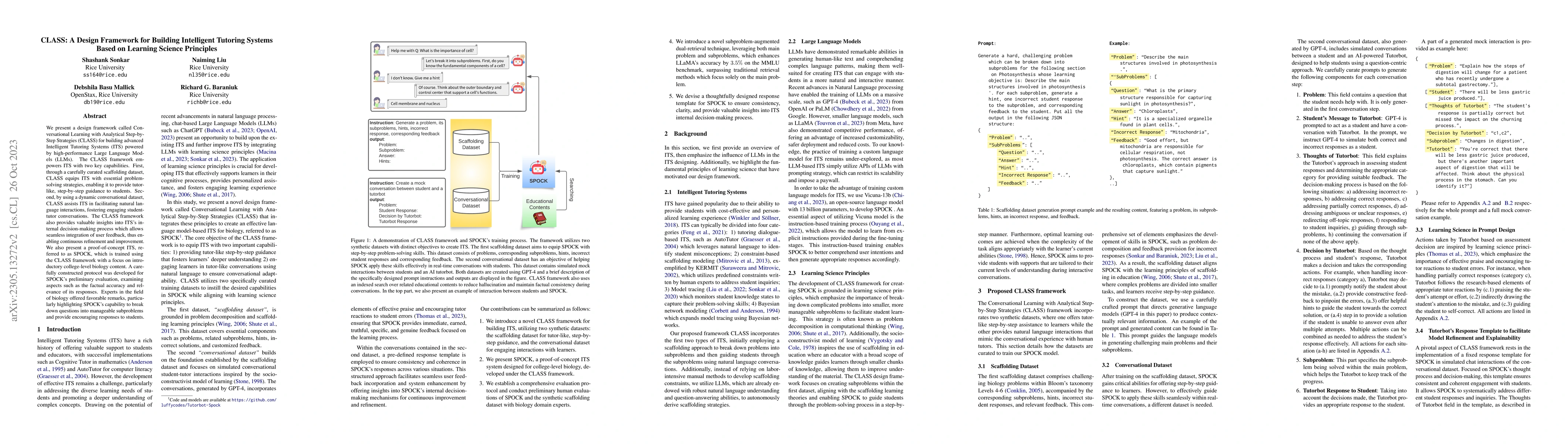 Thumbnail for CLASS: A Design Framework for building Intelligent Tutoring Systems
  based on Learning Science principles