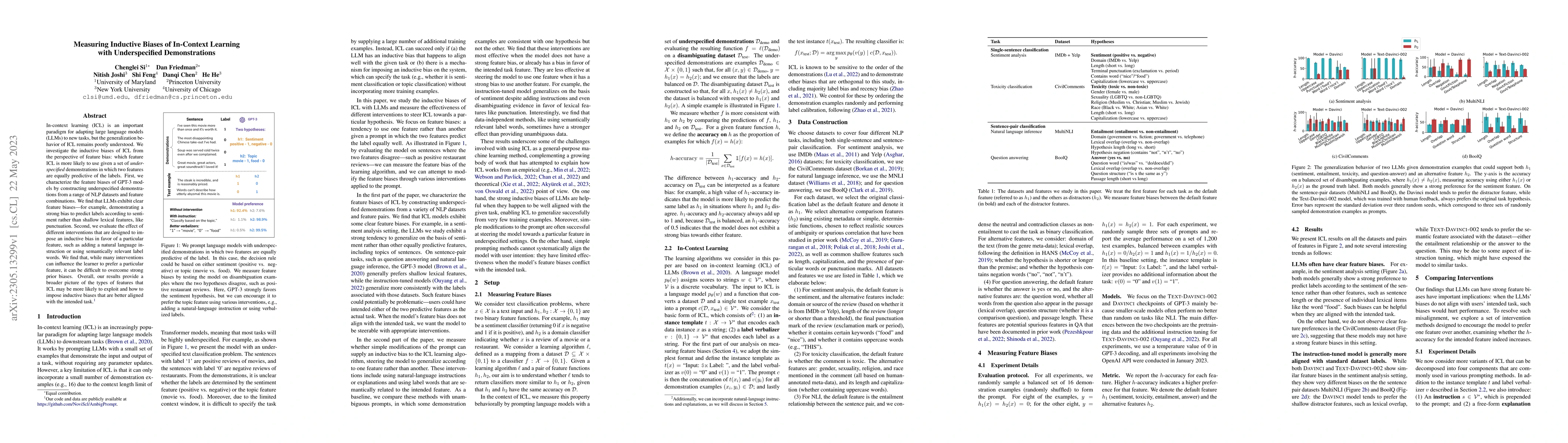 Thumbnail for Measuring Inductive Biases of In-Context Learning with Underspecified
  Demonstrations