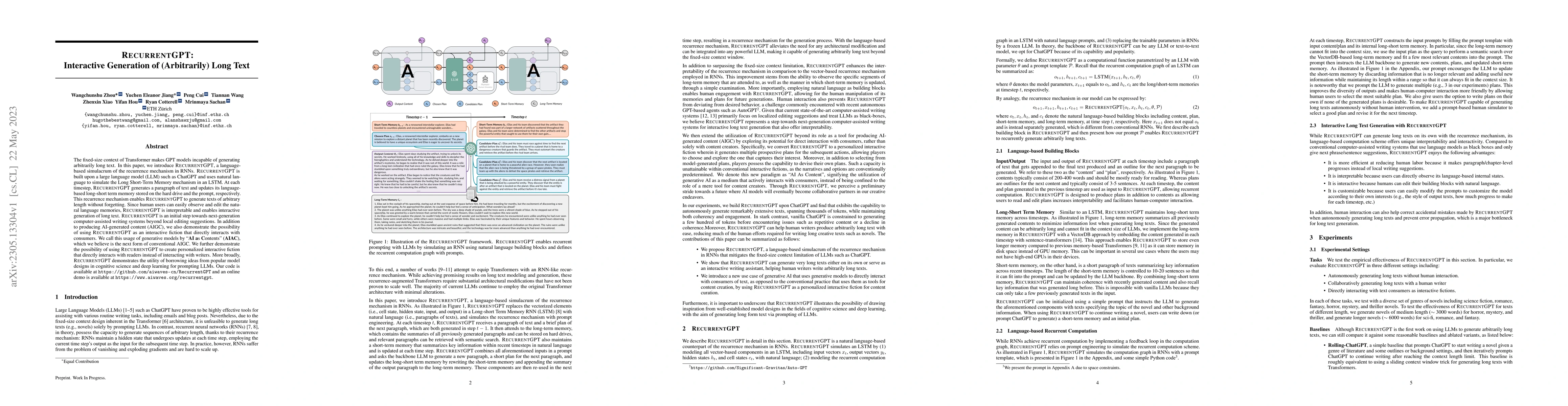 Thumbnail for RecurrentGPT: Interactive Generation of (Arbitrarily) Long Text