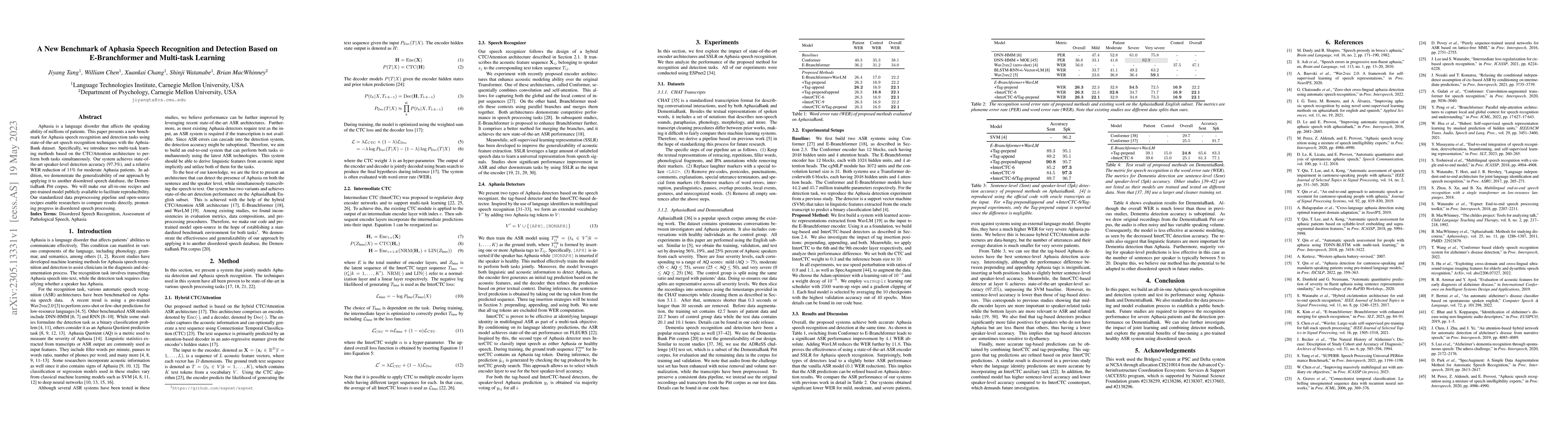 Thumbnail for A New Benchmark of Aphasia Speech Recognition and Detection Based on
  E-Branchformer and Multi-task Learning