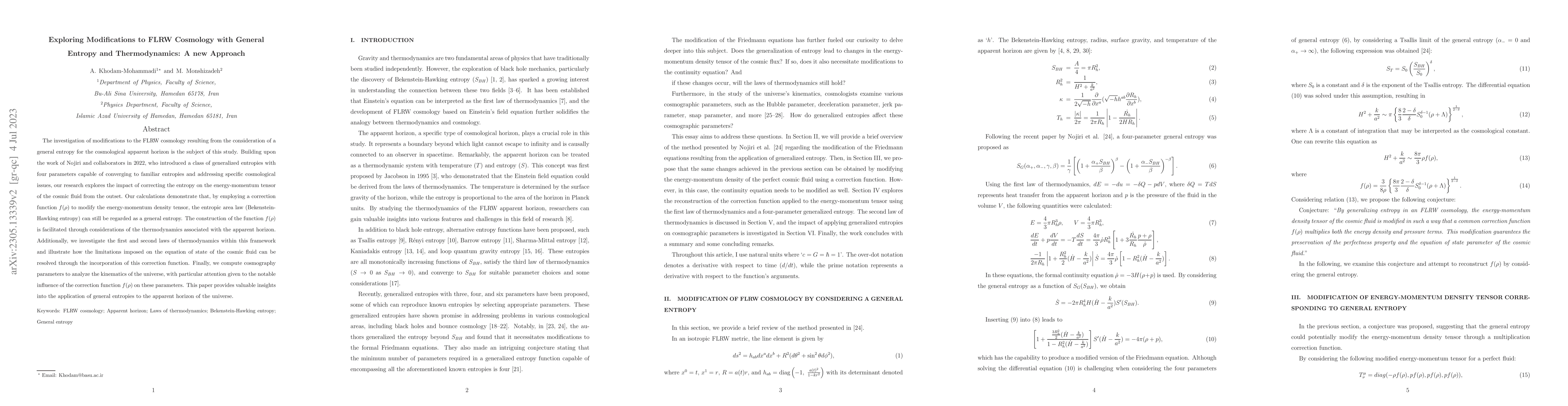 Thumbnail for Exploring Modifications to FLRW Cosmology with General Entropy and
  Thermodynamics: A new Approach