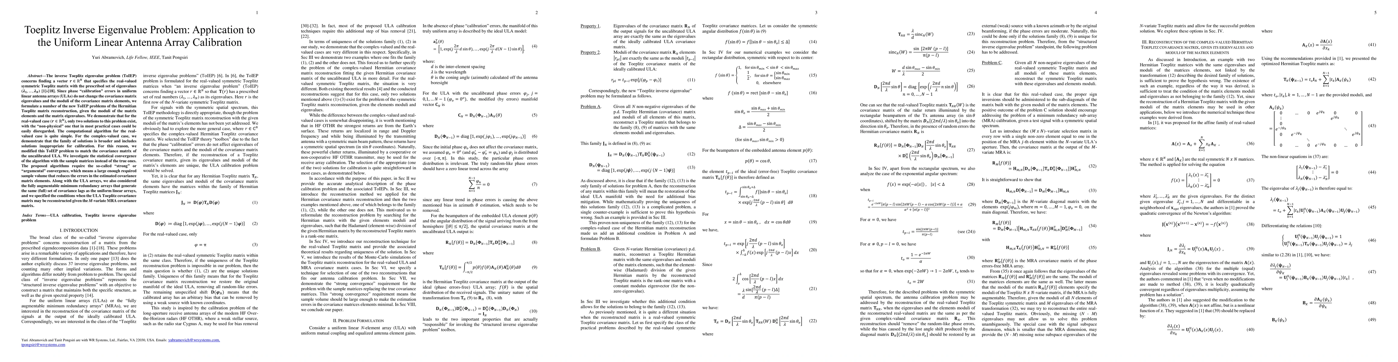 Thumbnail for Toeplitz Inverse Eigenvalue Problem: Application to the Uniform Linear
  Antenna Array Calibration