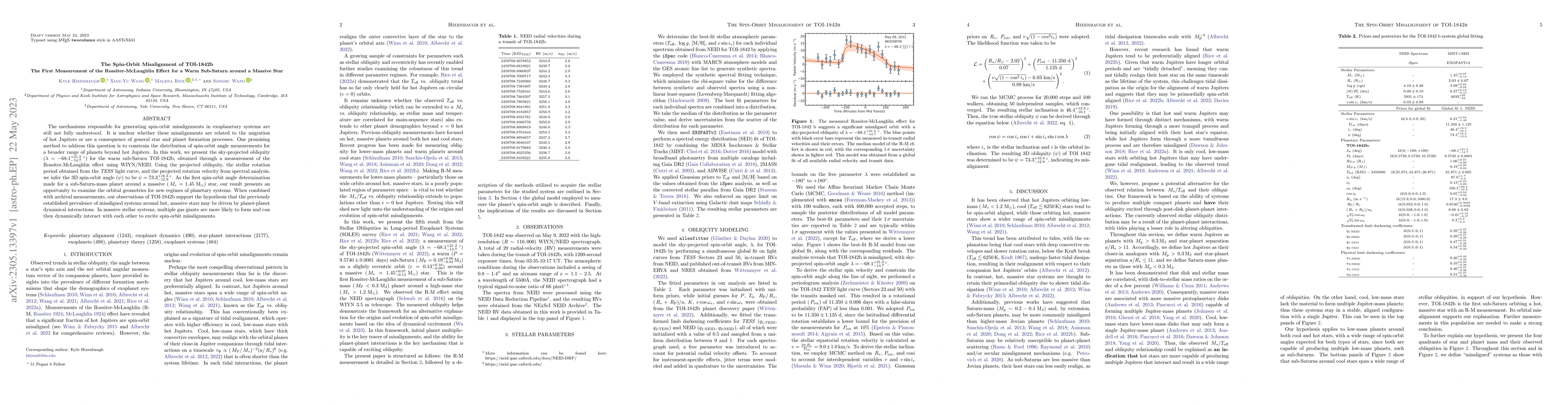 Thumbnail for The Spin-Orbit Misalignment of TOI-1842b: The First Measurement of the
  Rossiter-McLaughlin Effect for a Warm Sub-Saturn around a Massive Star