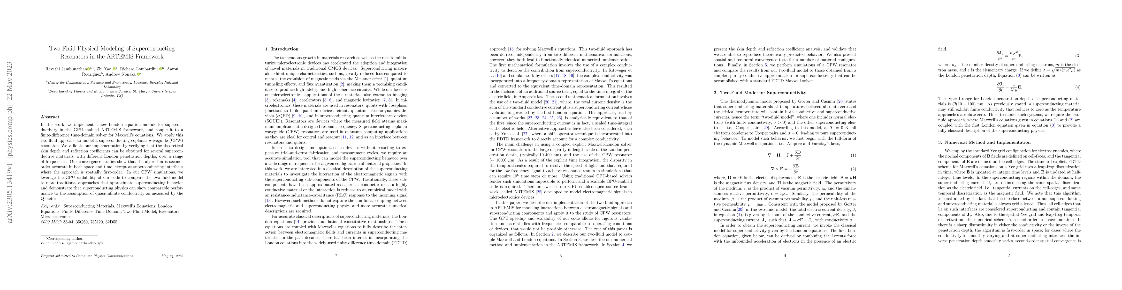 Thumbnail for Two-fluid Physical Modeling of Superconducting Resonators in the ARTEMIS
  Framework
