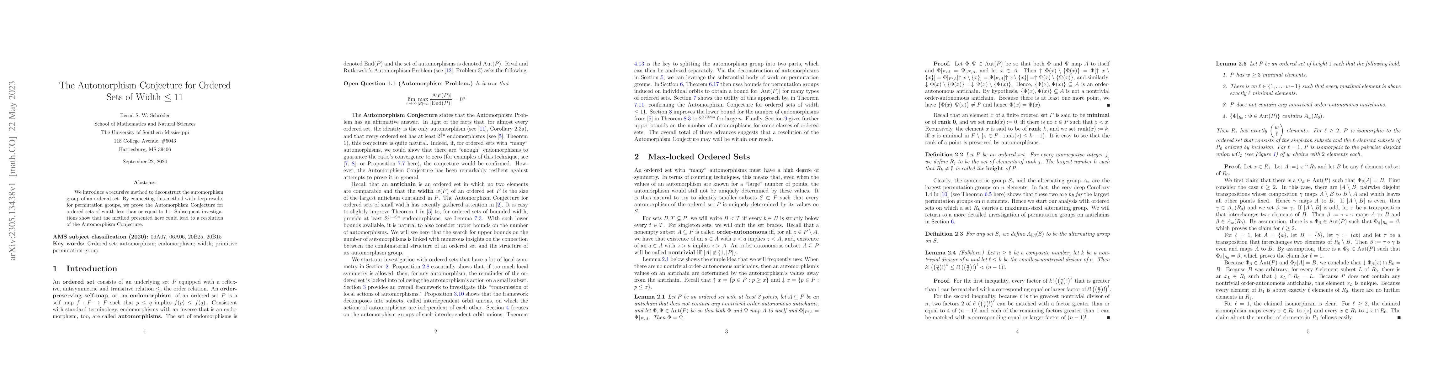 Thumbnail for The Automorphism Conjecture for Ordered Sets of Width $\leq 11$ (Version
  2)