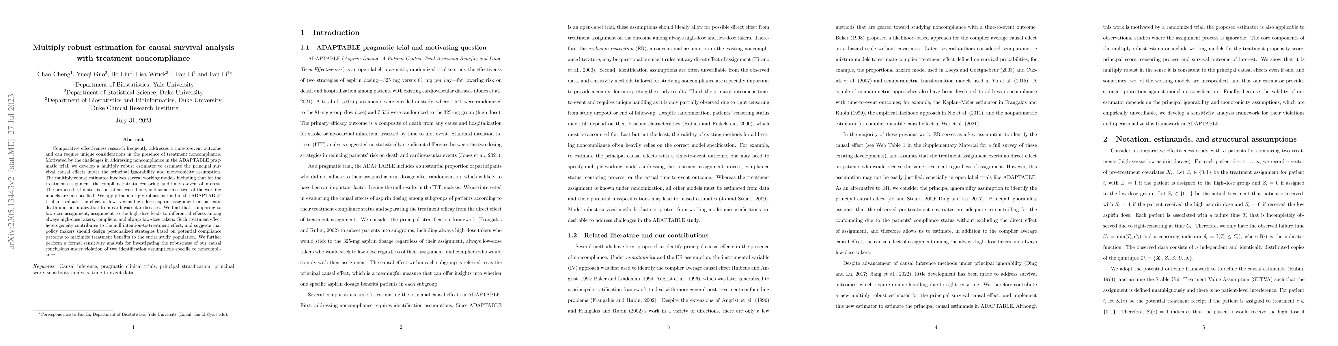 Thumbnail for Multiply robust estimation for causal survival analysis with treatment
  noncompliance