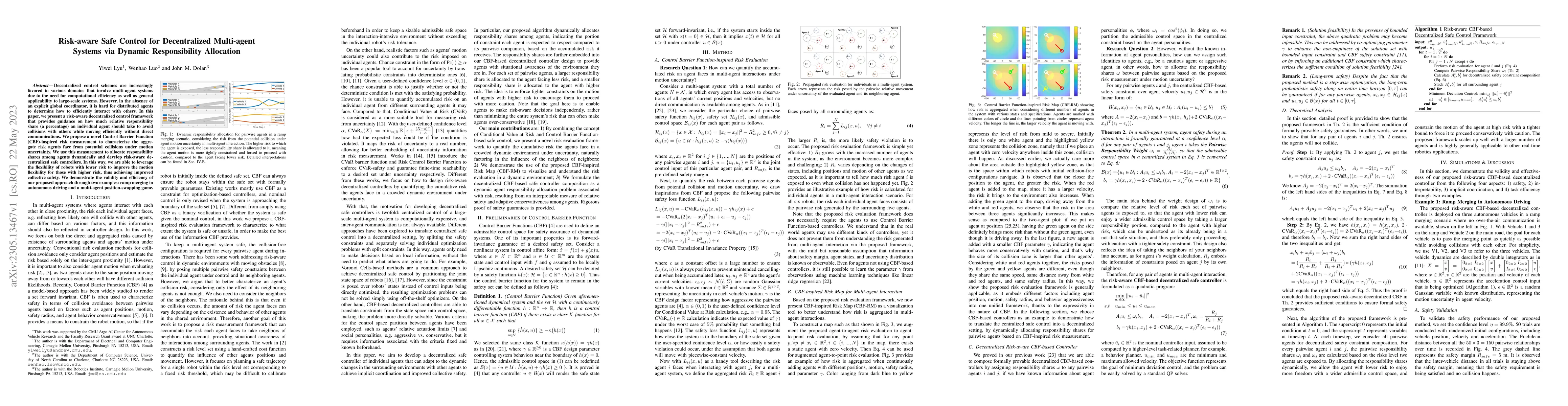 Thumbnail for Risk-aware Safe Control for Decentralized Multi-agent Systems via
  Dynamic Responsibility Allocation