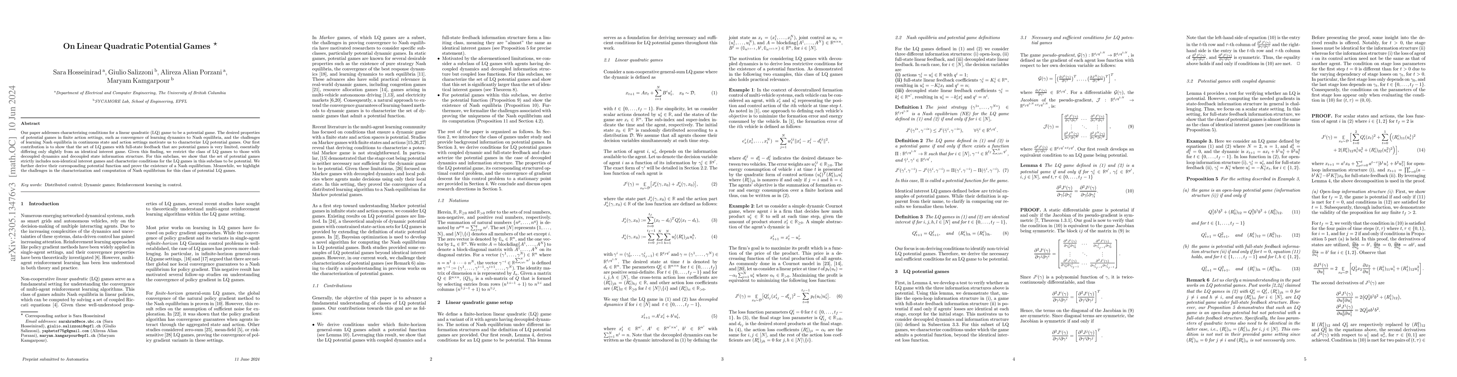 Thumbnail for On Linear Quadratic Potential Games