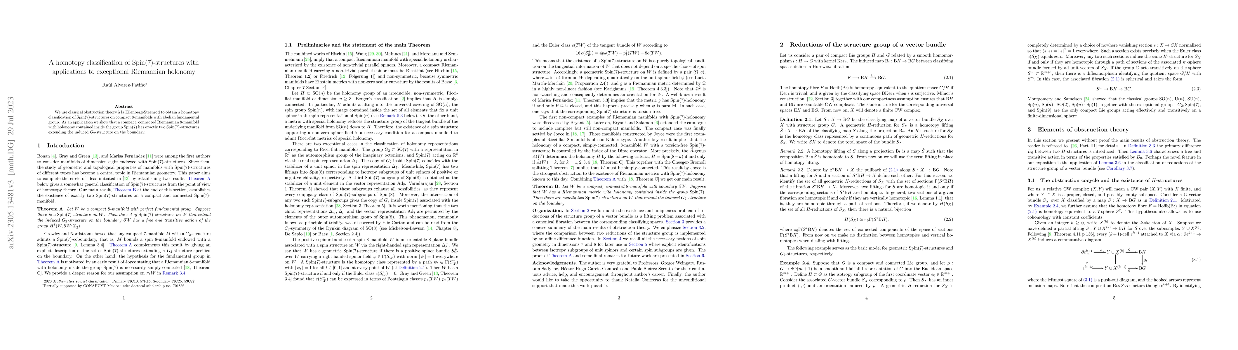 Thumbnail for A homotopy classification of $\mathrm{Spin}(7)$-structures with
  applications to exceptional Riemannian holonomy