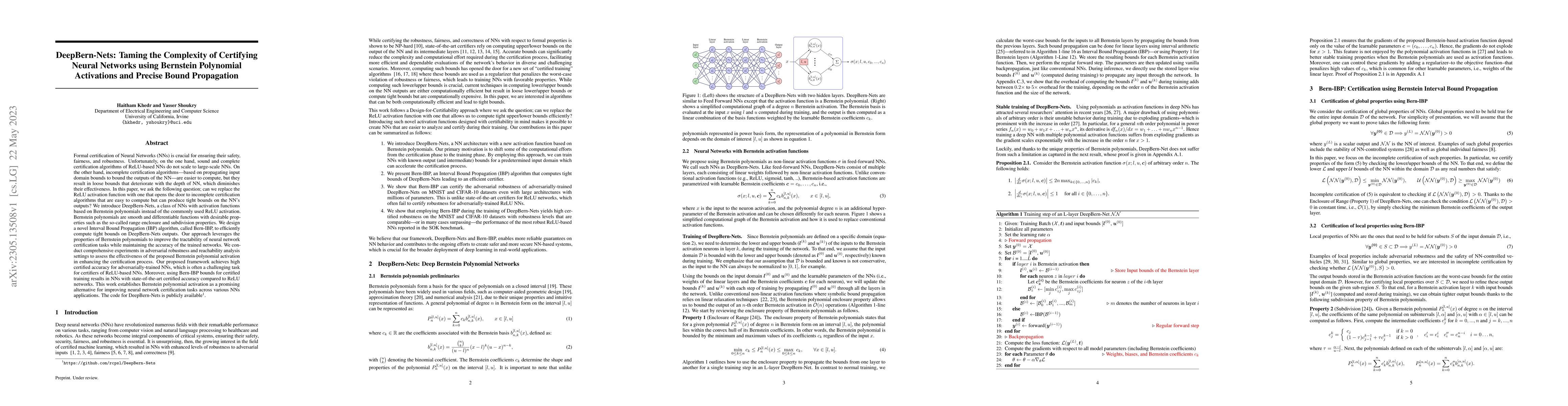 Thumbnail for DeepBern-Nets: Taming the Complexity of Certifying Neural Networks using
  Bernstein Polynomial Activations and Precise Bound Propagation