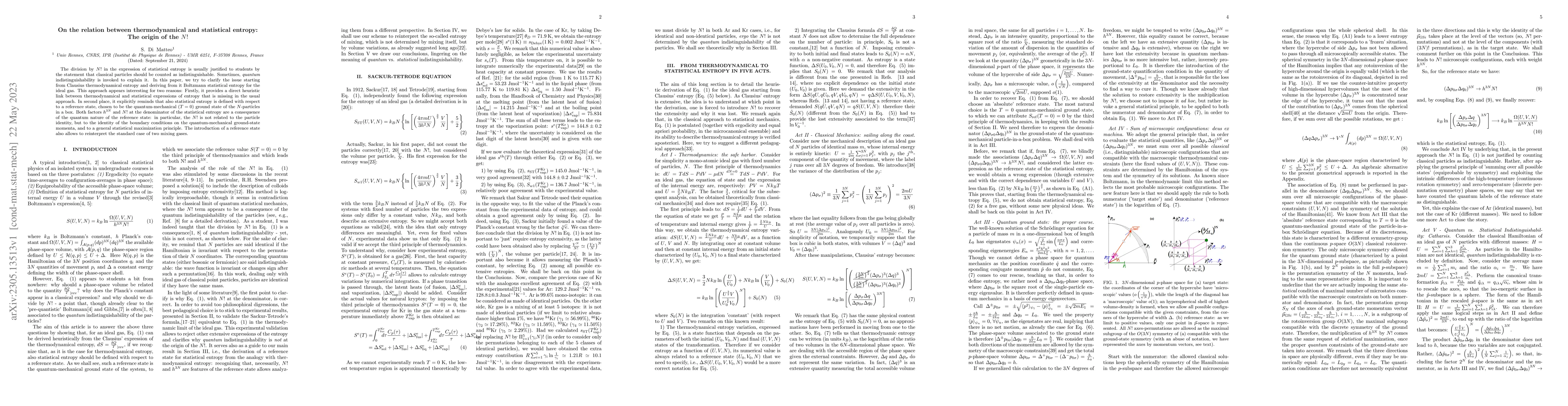 Thumbnail for On the relation between thermodynamical and statistical entropy: The
  origin of the N!