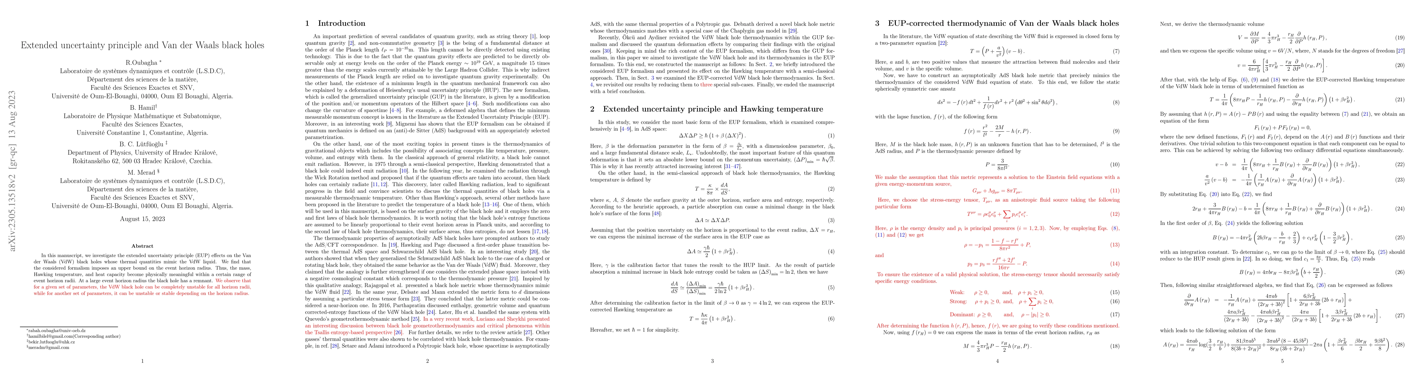 Thumbnail for Extended uncertainty principle and Van der Waals black holes
