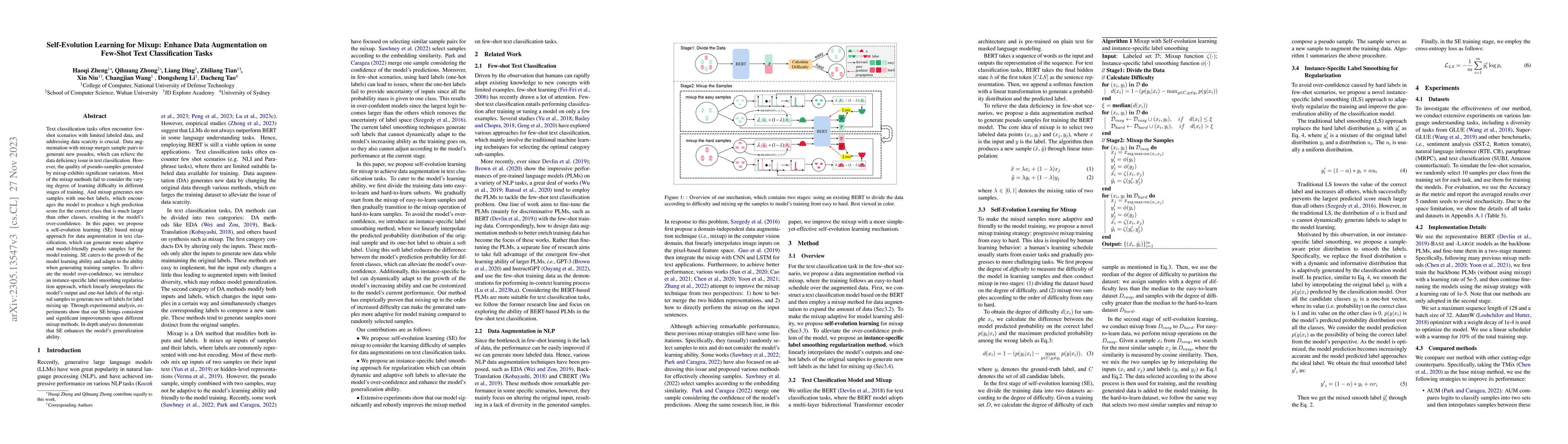 Thumbnail for Self-Evolution Learning for Mixup: Enhance Data Augmentation on Few-Shot
  Text Classification Tasks