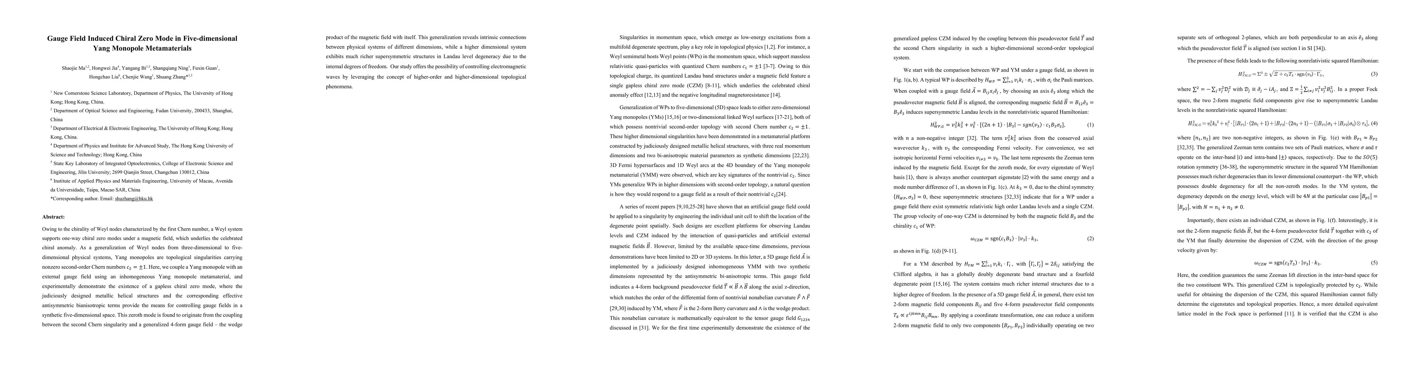 Thumbnail for Gauge Field Induced Chiral Zero Mode in Five-dimensional Yang Monopole
  Metamaterials