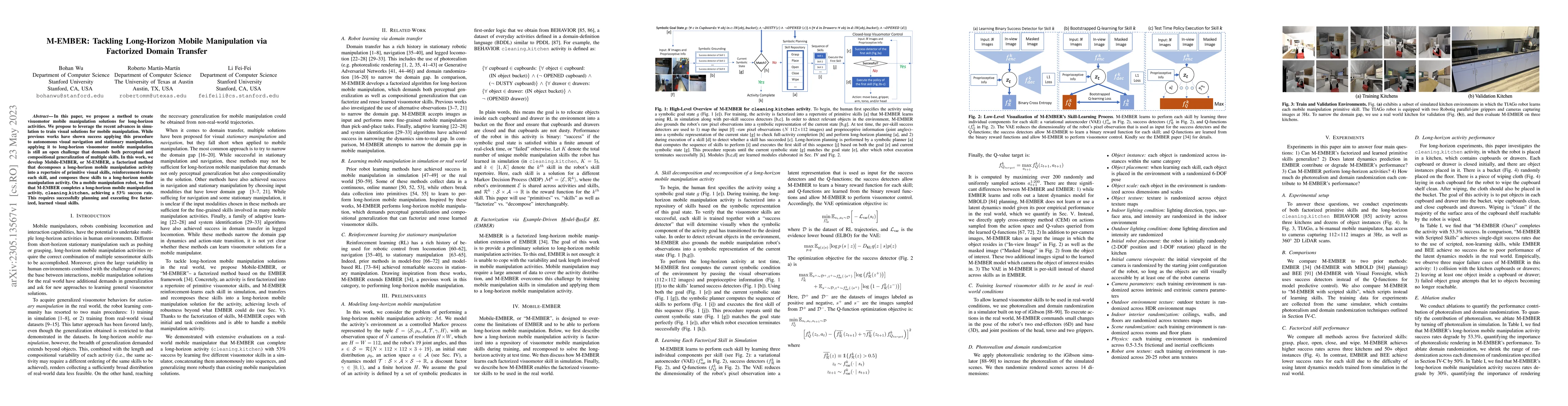 Thumbnail for M-EMBER: Tackling Long-Horizon Mobile Manipulation via Factorized Domain
  Transfer