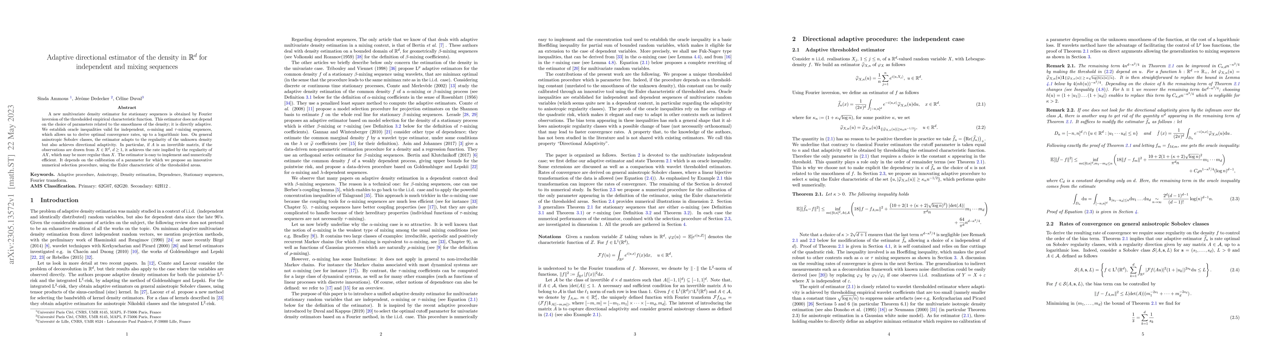 Thumbnail for Adaptive directional estimator of the density in R^d for independent and
  mixing sequences