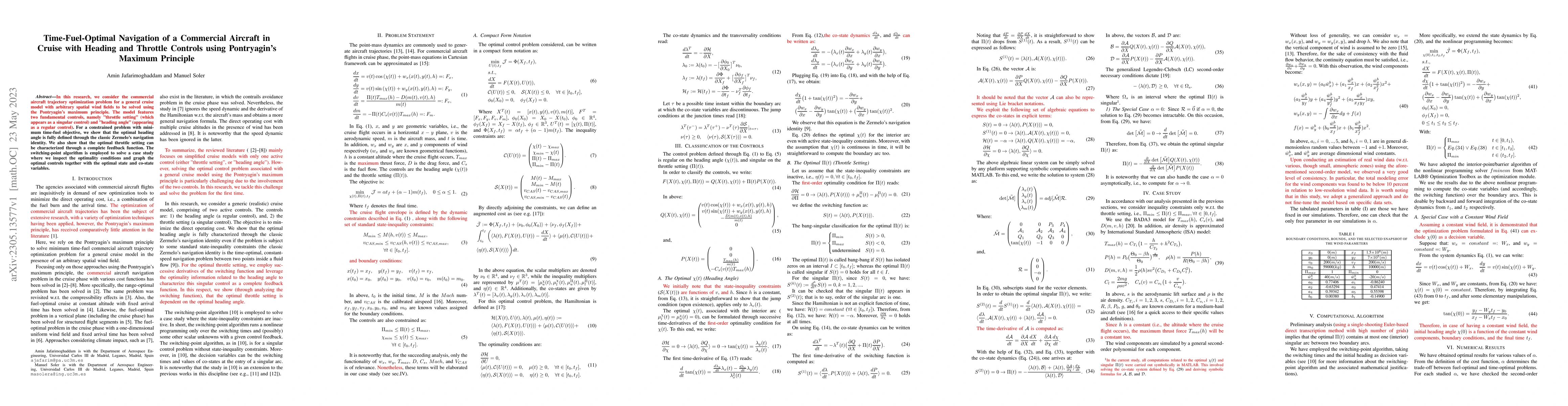 Thumbnail for Time-Fuel-Optimal Navigation of a Commercial Aircraft in Cruise with
  Heading and Throttle Controls using Pontryagin's Maximum Principle