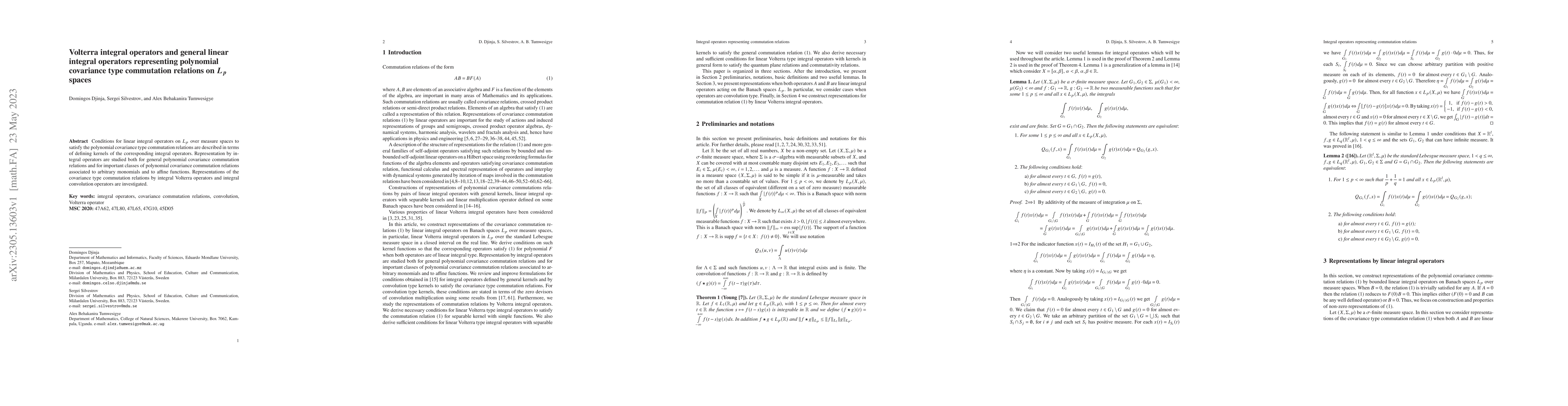 Thumbnail for Volterra integral operators and general linear integral operators
  representing polynomial covariance type commutation relations on $L_p$ spaces