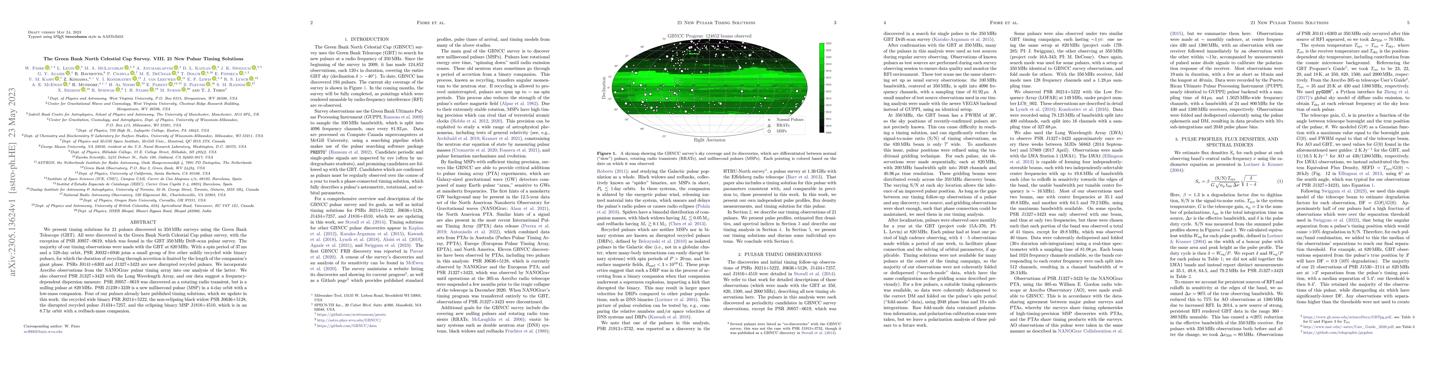 Thumbnail for The Green Bank North Celestial Cap Survey. VIII. 21 New Pulsar Timing
  Solutions