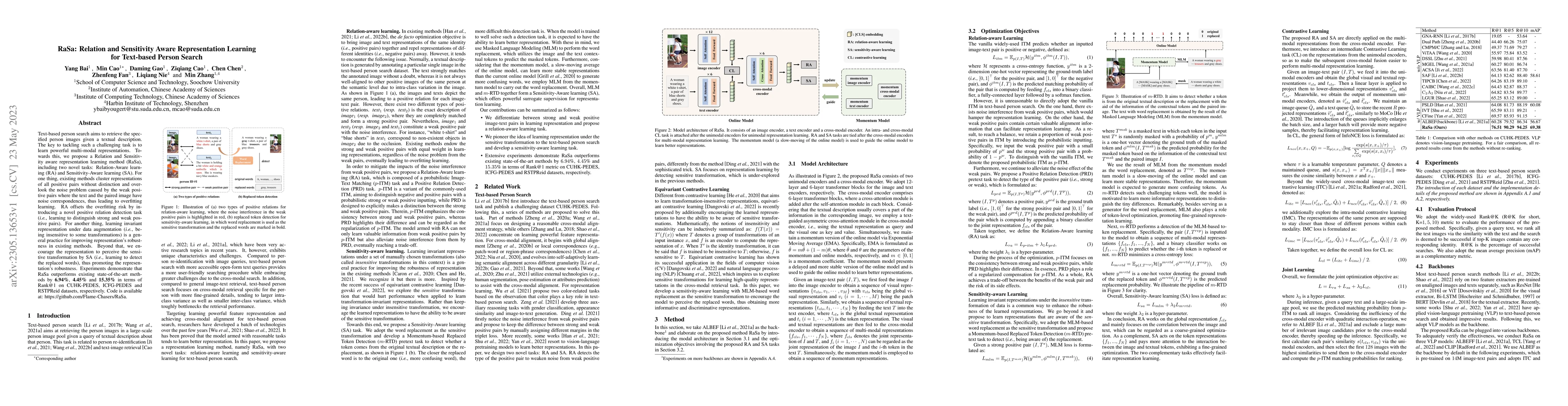 Thumbnail for RaSa: Relation and Sensitivity Aware Representation Learning for
  Text-based Person Search